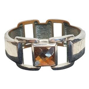 Silver Tone Clamp Bracelet 2" Brown Square Rhinestone